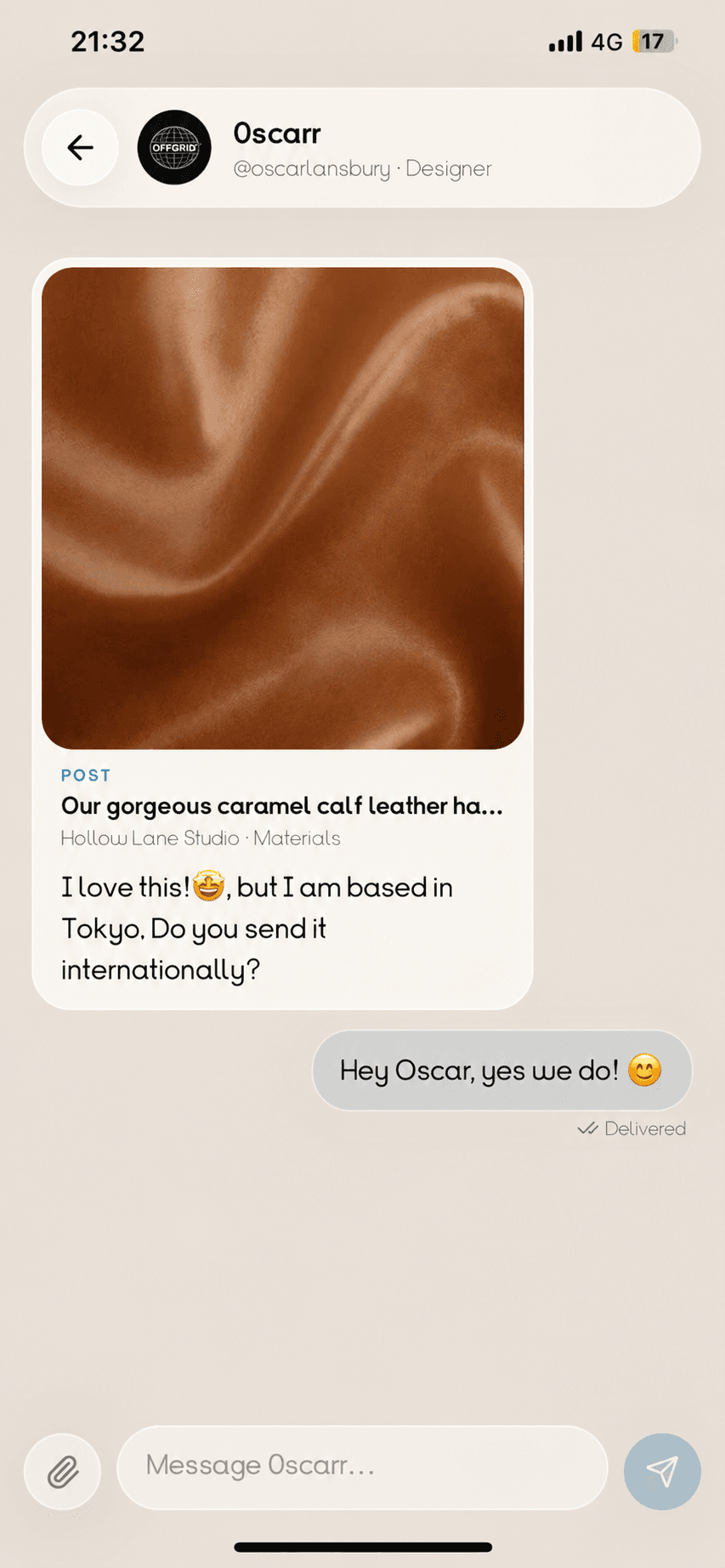 A direct conversation started from a Supplier Post.