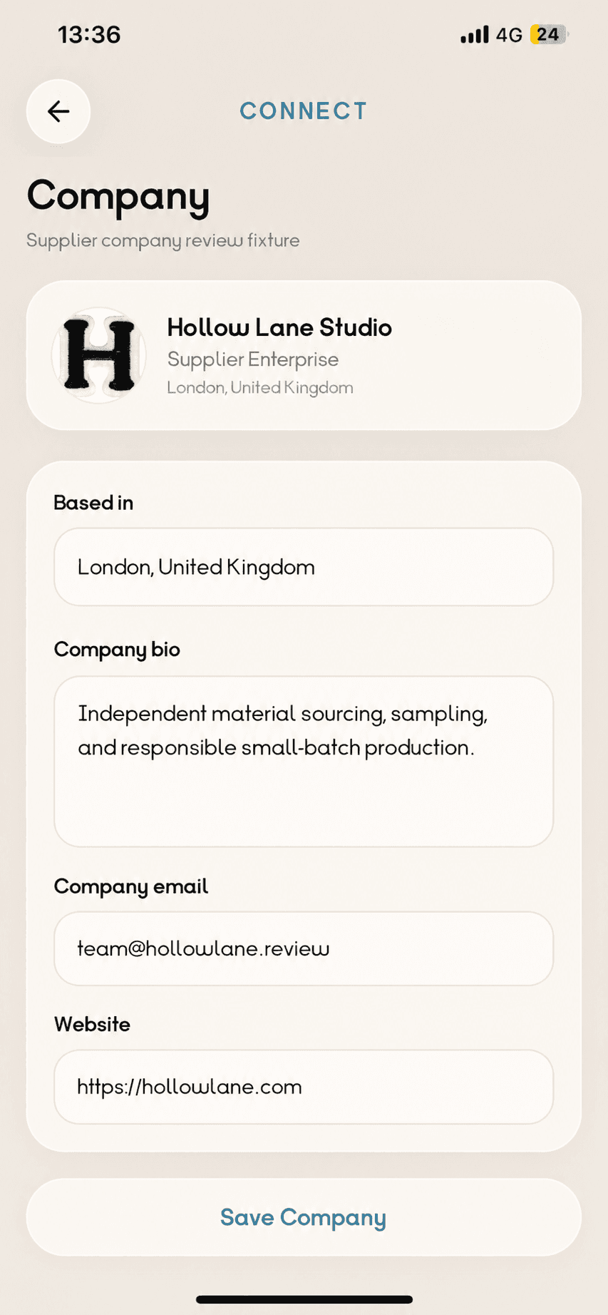 Creating the Hollow Lane Studio Company profile.