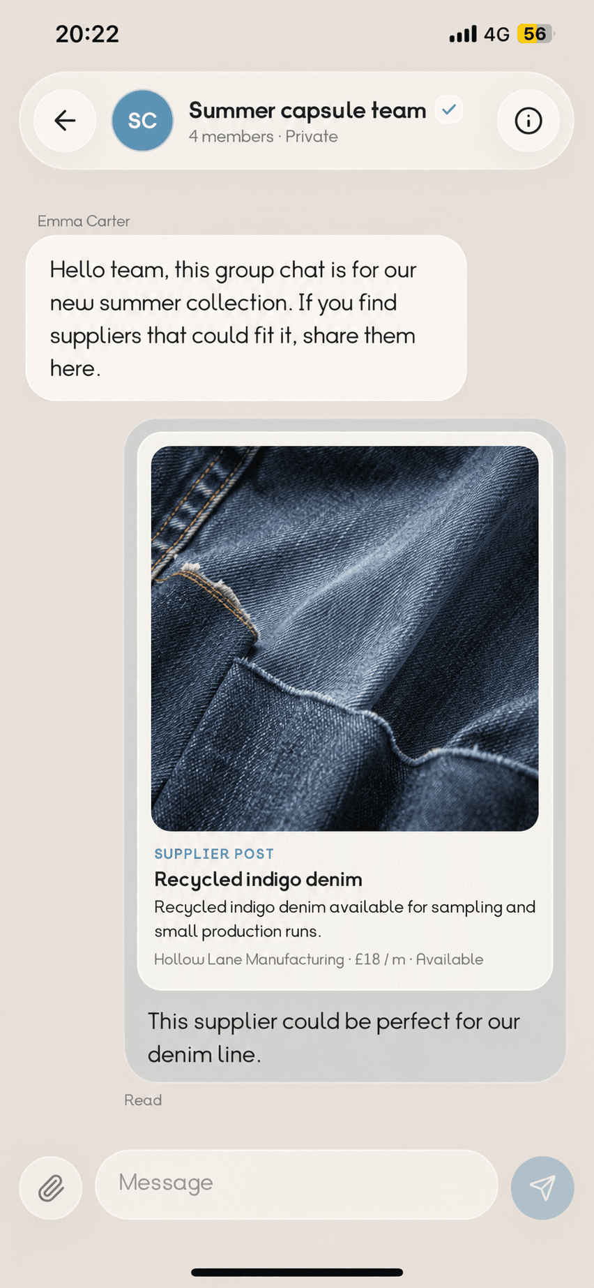 A private team conversation containing a shared Supplier Post.