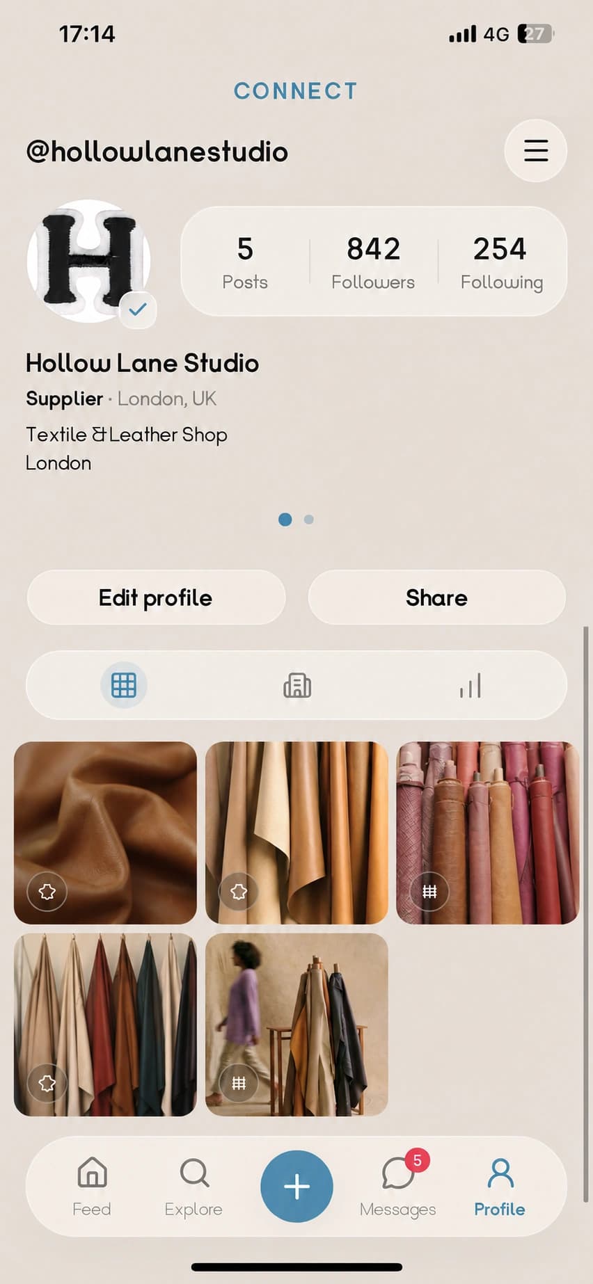 Supplier profile showing materials and work.