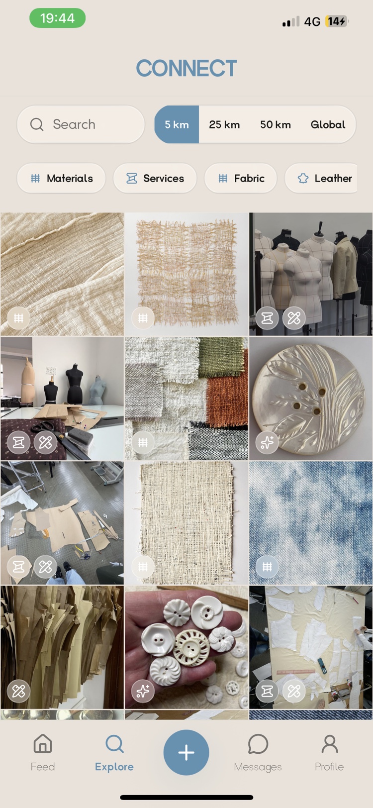 Connect explore page with material, fabric and distance filters